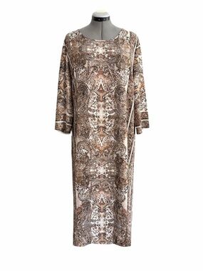 Cato XL Boho Paisley Midi Dress | Neutral Brown & Cream 3/4 Sleeve w/ Side Slits